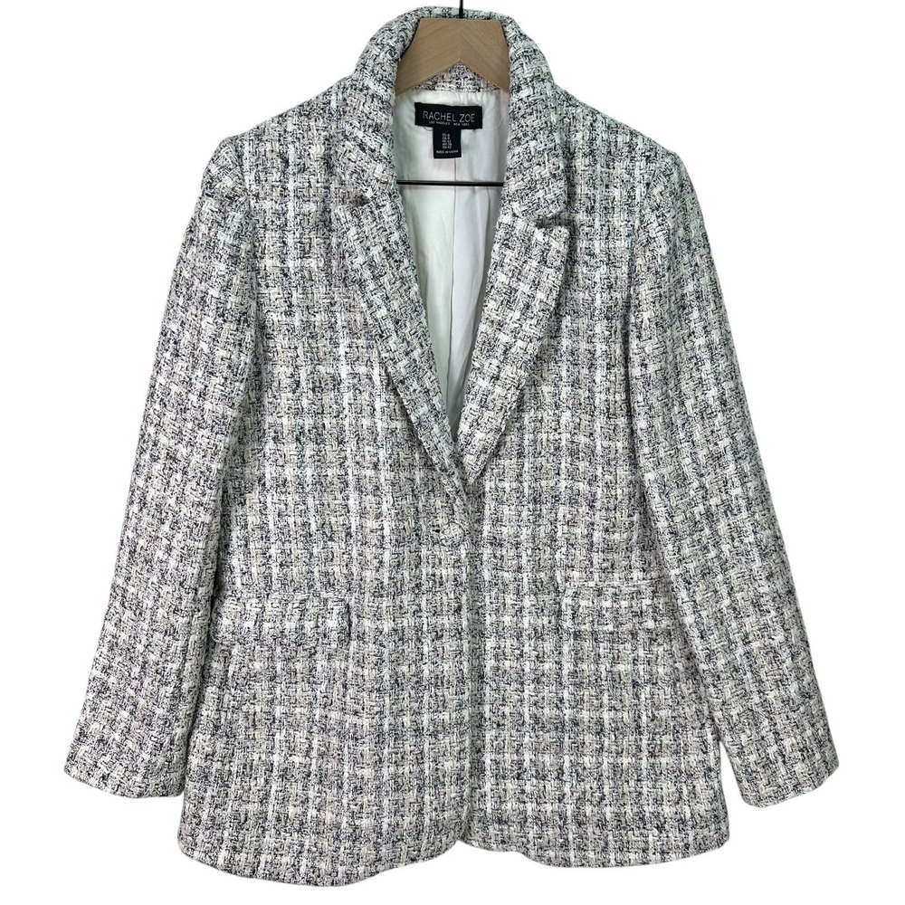 Rachel Zoe‎ Tweed Blazer Jacket Women's 8 Cream Black Bouclé Textured Lined
